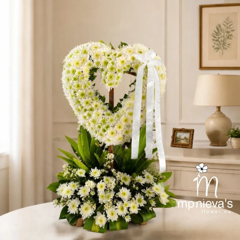 Beloved standing heart arrangement in white chrysanthemums by MP Nieva's Flower Shop