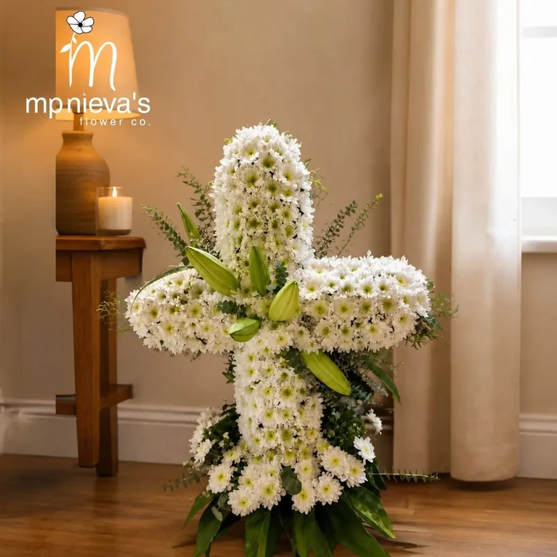 Faith standing floral cross in white chrysanthemums by MP Nieva's Flower Shop