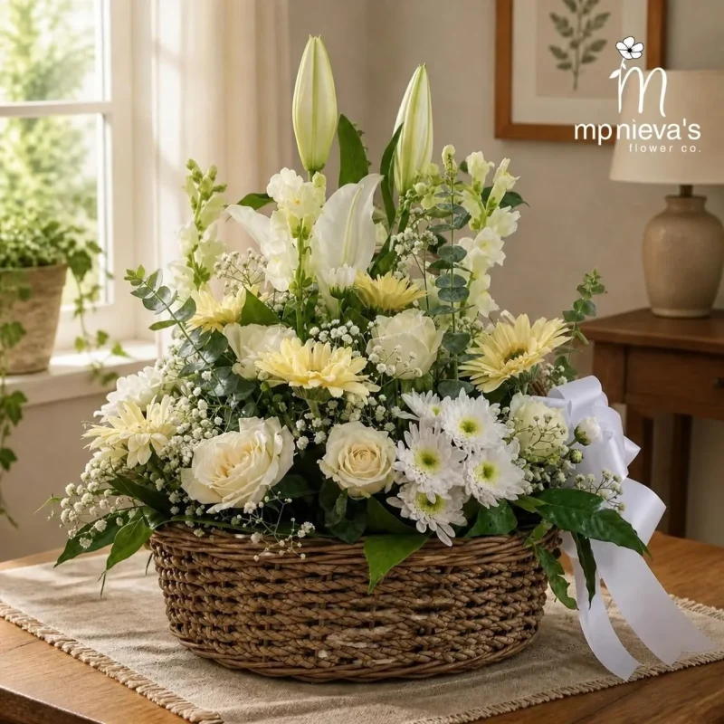 Grace memorial basket with white roses, lilies and gerbera by MP Nieva's Flower Shop