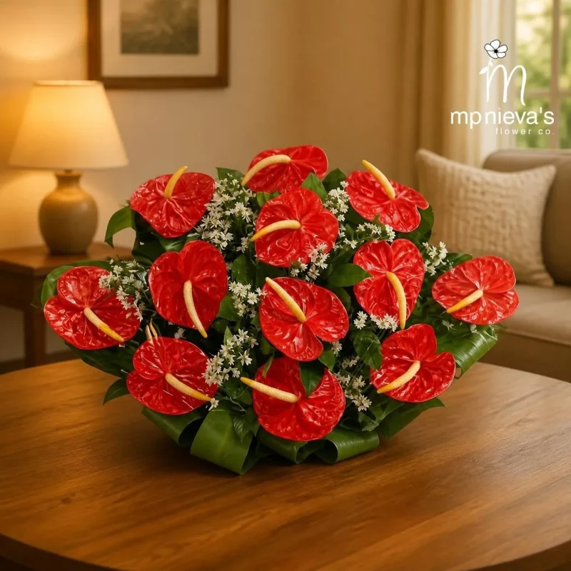 Solace memorial arrangement with red anthuriums and white filler by MP Nieva's Flower Shop