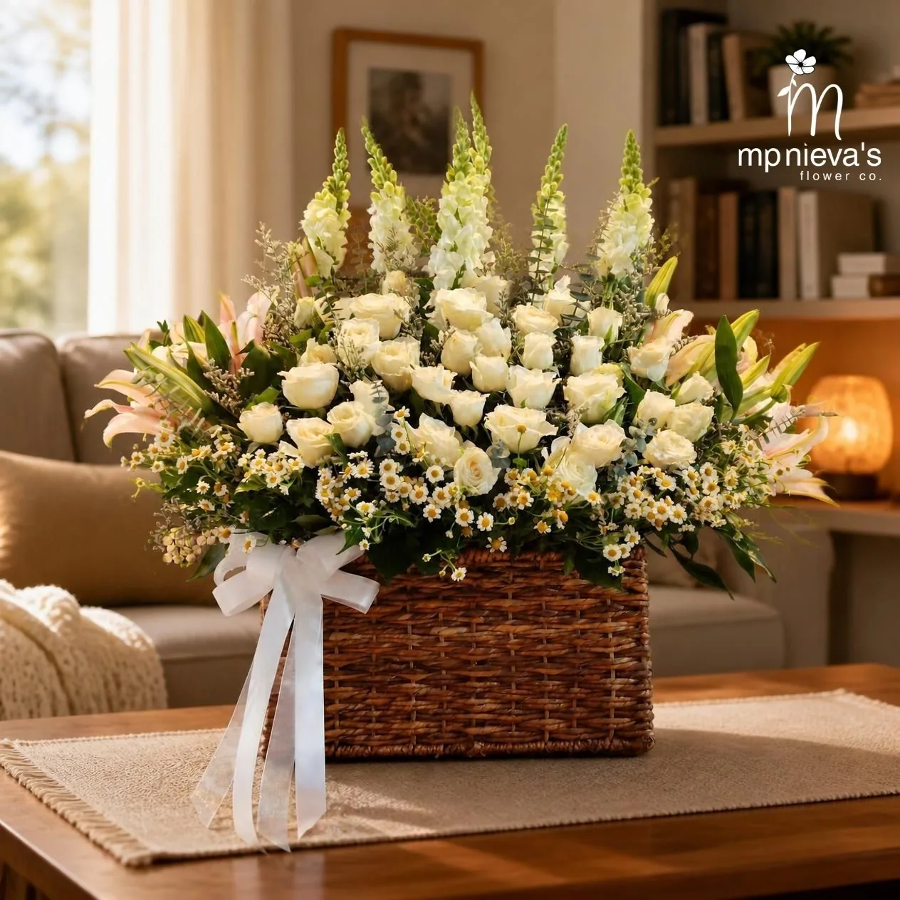 Tranquility all-white memorial basket with roses, snapdragons and lilies by MP Nieva's Flower Shop